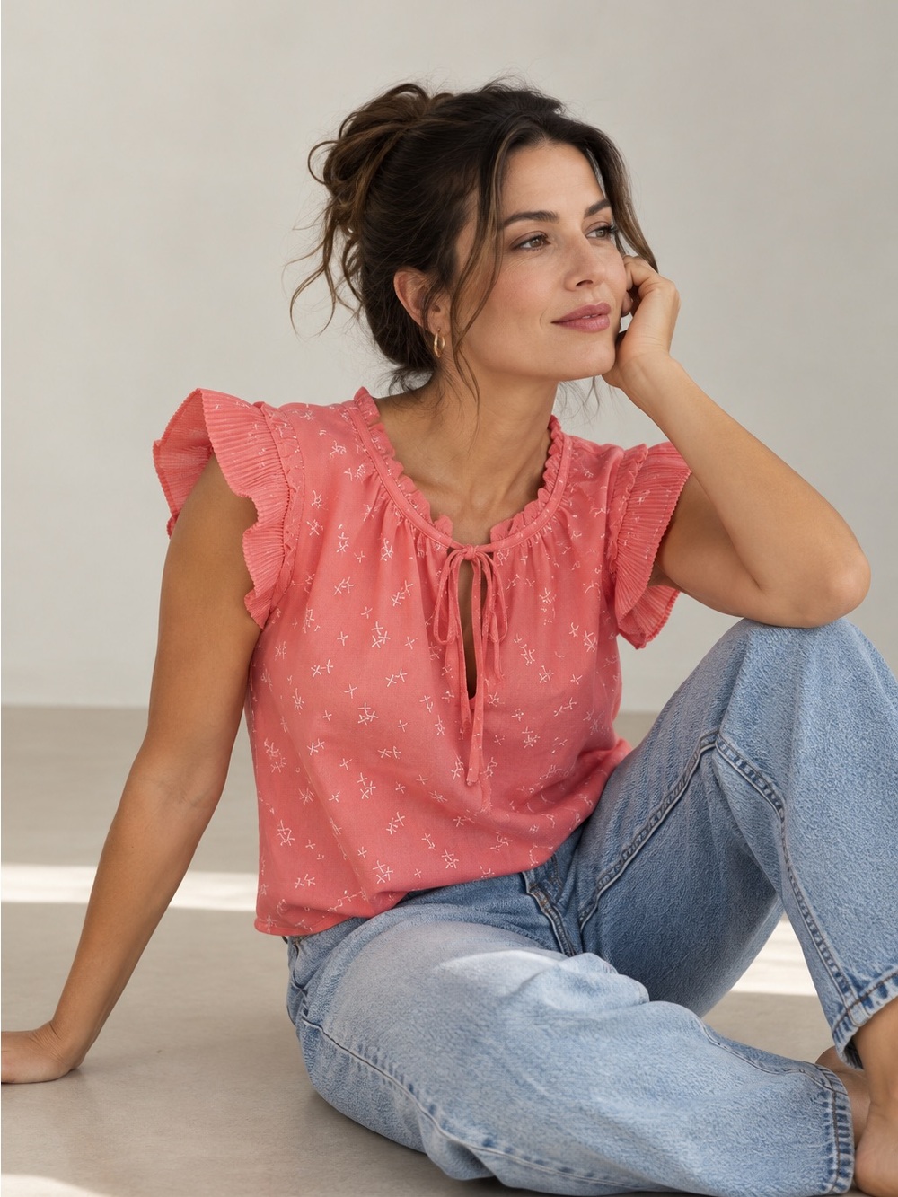 Daniel Rainn Coral Ruffle Tie-Neck Blouse